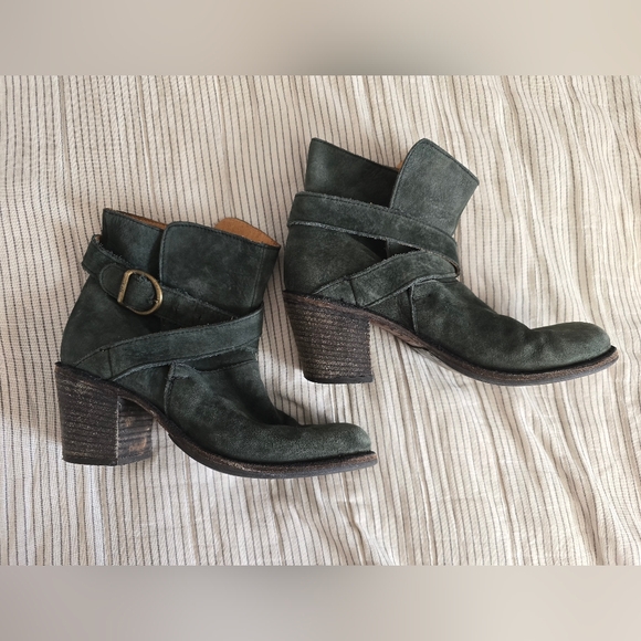 Fiorentini + Baker Shoes - Fiorentini Baker Gray Green Suede Ankle Boots Strappy Womens EUR 38 US 8 Italian